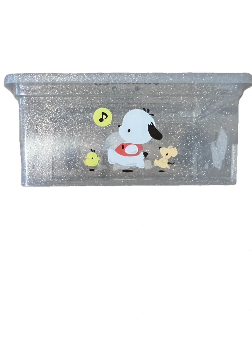 Sanrio Pochacco Clear Glitter Storage Box with Yellow and Red Accents